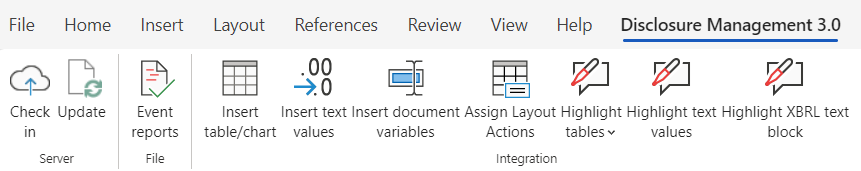 Ribbon for Disclosure Management in the online version of MS Word.