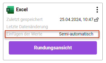 Anzeige der Informationen zu einer Excel-Datei in der Detailansicht eines Kapitels. Die Schaltfläche 'Rundungsassistent' ist rot umrandet.