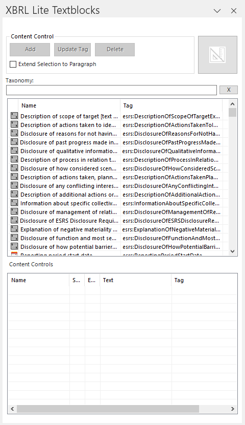 The 'XBRL Lite Textblocks' window in MS Word.