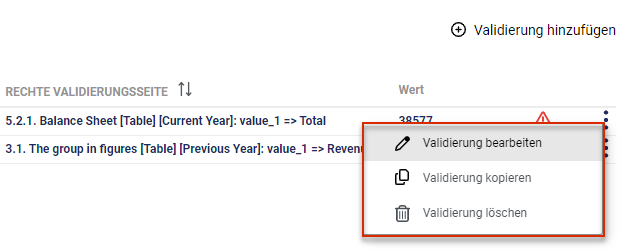 Ausschnitt aus der Validierungsverwaltung. Das Menü des Drei-Punkte-Symbols einer Validierung ist geöffnet und rot umrandet.