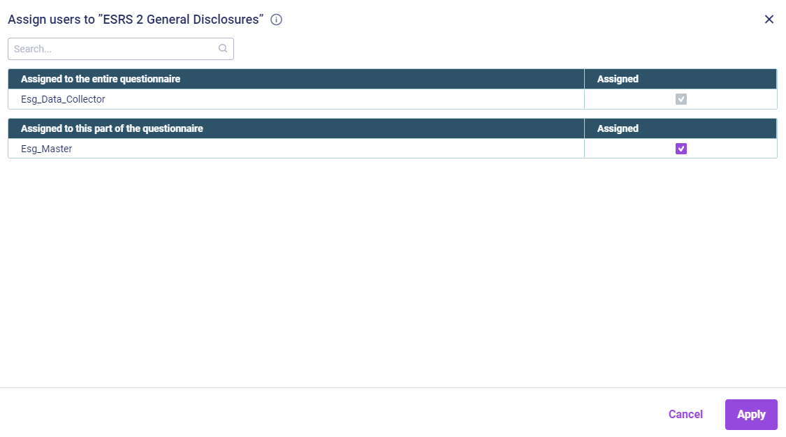 The dialog 'Assign users to 'ESRS 2 General Disclosures' is displayed. The 'Assigned' column is highlighted in red.