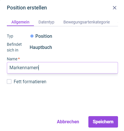Der Reiter 'Allgemein' wird im Dialog 'Position erstellen' angezeigt.