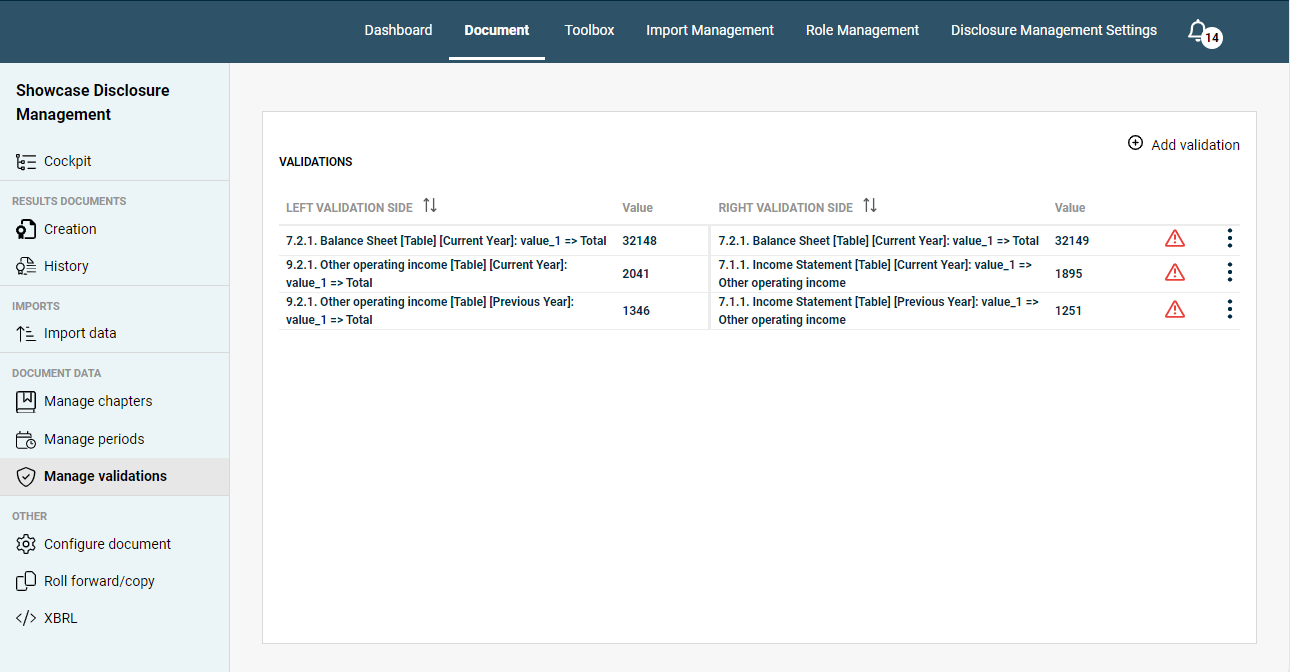 There are two validations in the validation management. The first validation shows a warning triangle.