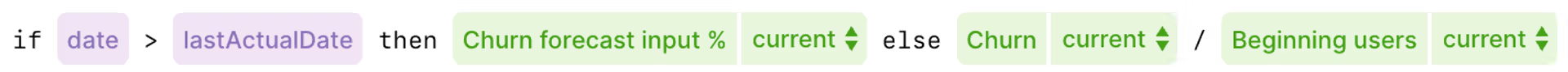 Shows a formula: if date > last actual date then current churn forecast input in % else current churn / current beginning users