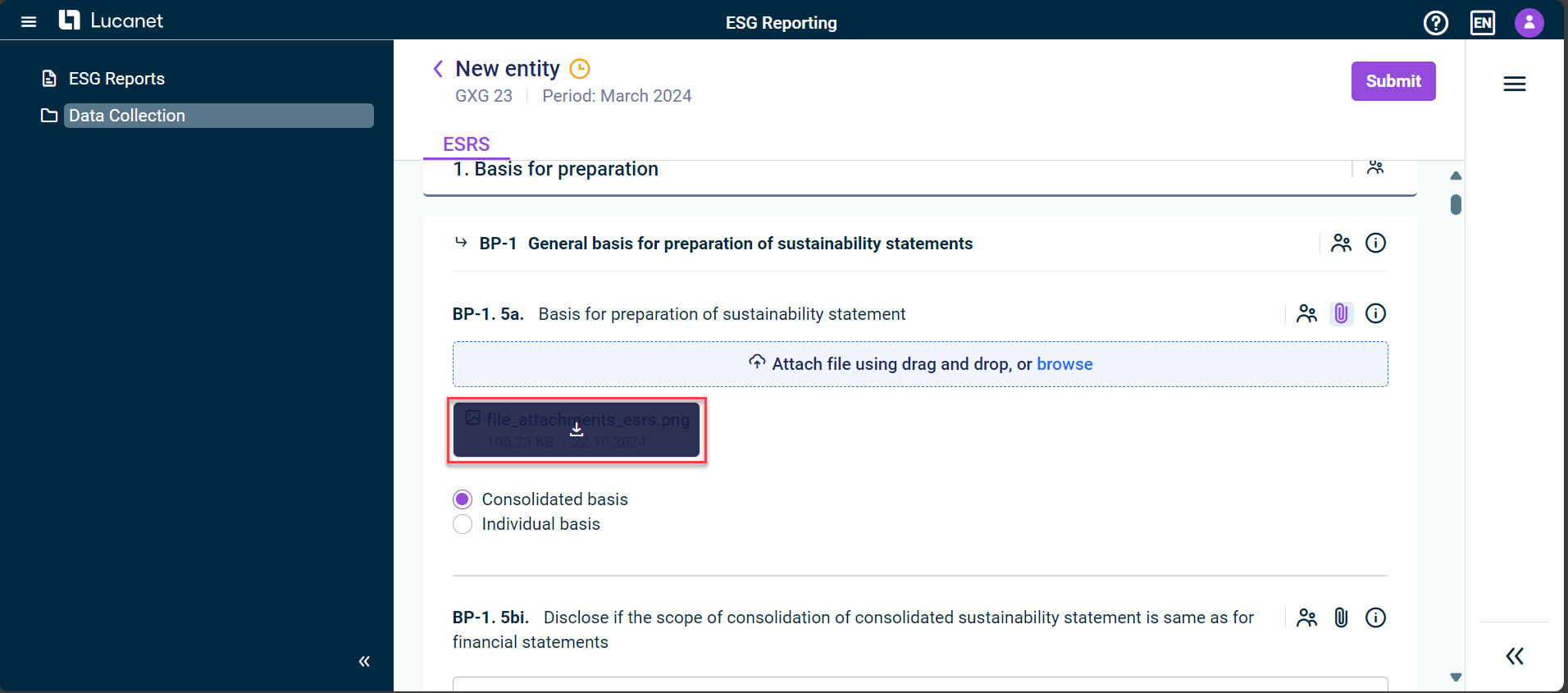 The ESRS tab is displayed. The download icon is highlighted in red.