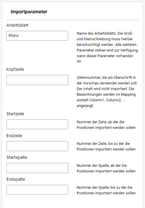 Erforderliche Parameter für Import aus einer Excel-Datei