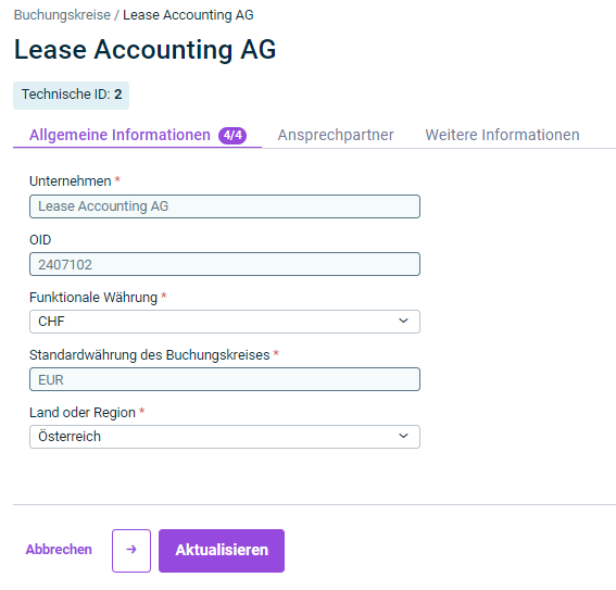 Gezeigt wird der Reiter 'Allgemeine Informationen, der für die Konfiguration eines Buchungskreises verwendet wird.