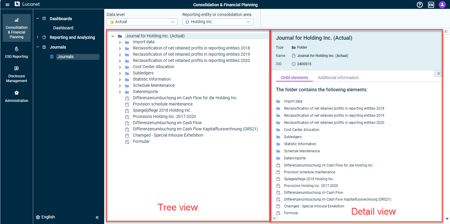 The workspace 'Journals' is displayed with the corresponding tree view (left) and detail view (right).