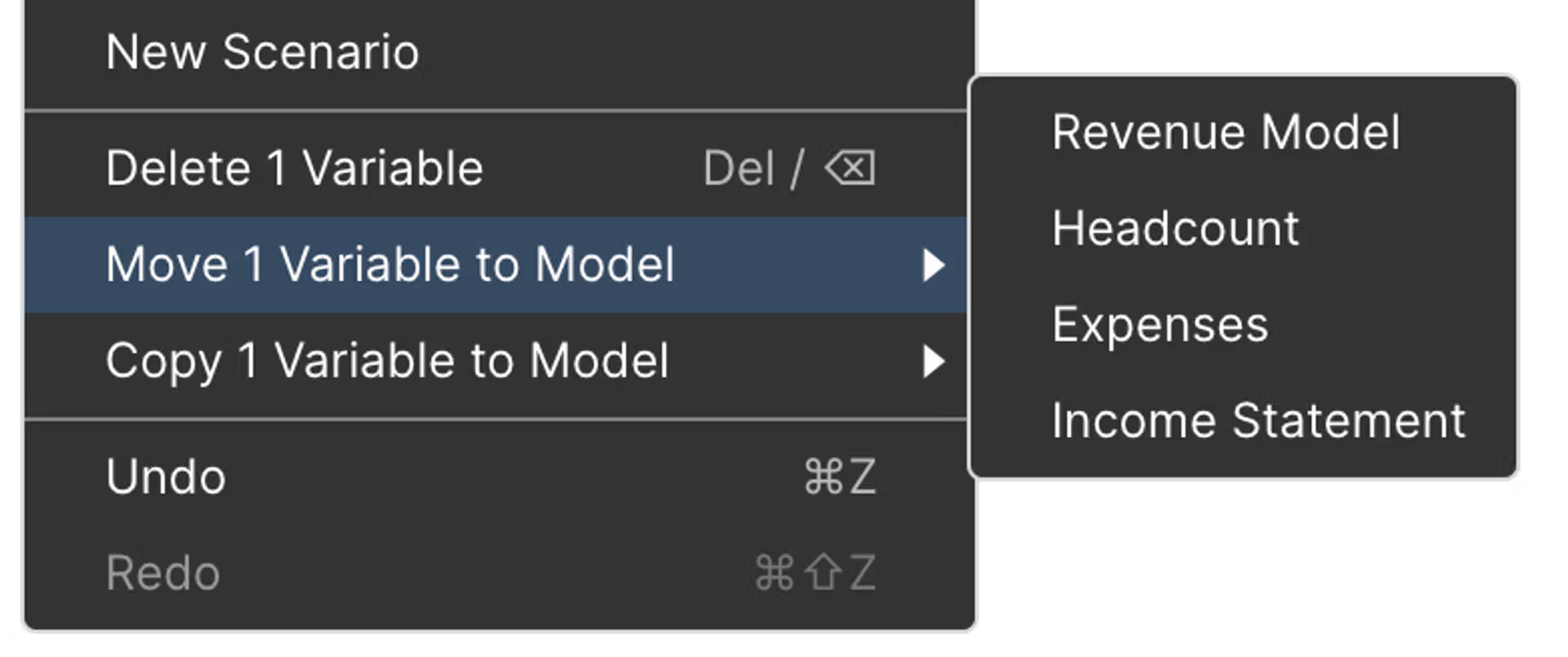 Shows the context menu of a variable and the options to move a variable to a model