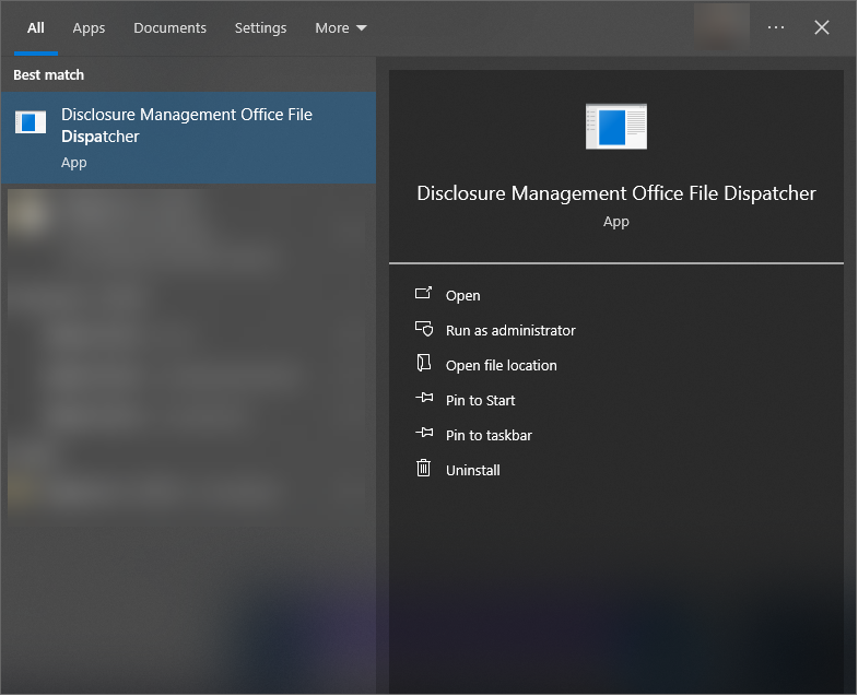 The Disclosure Management Office File Dispatcher in the Windows start menu is displayed.