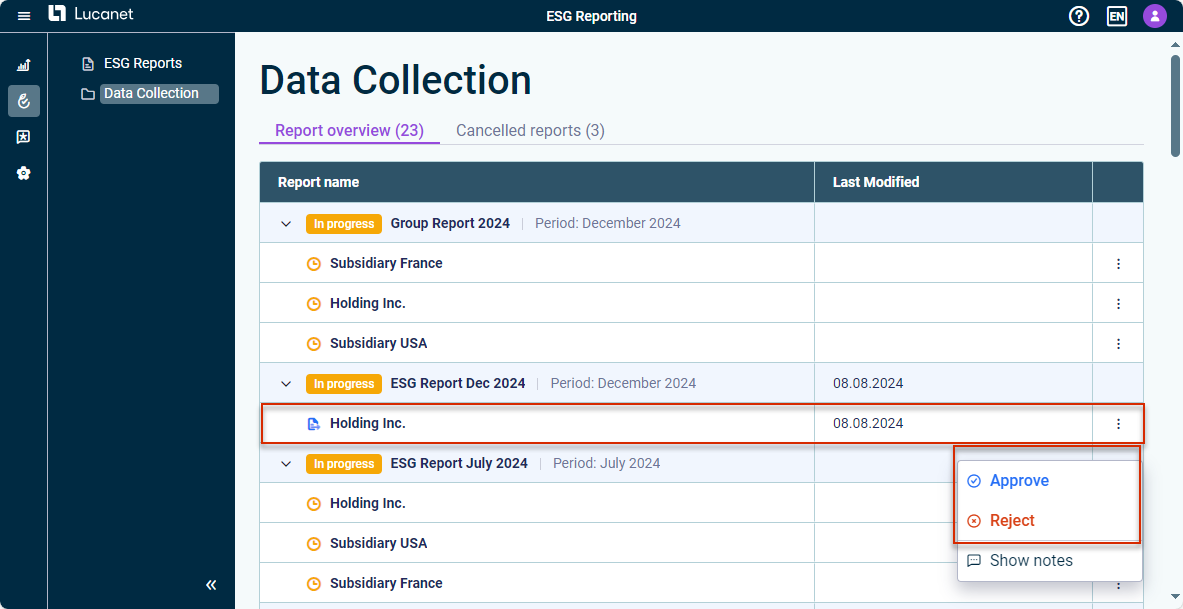 The 'Data Collection' workspace is displayed. The options to access, approve, or reject an ESG report are highlighted in red.