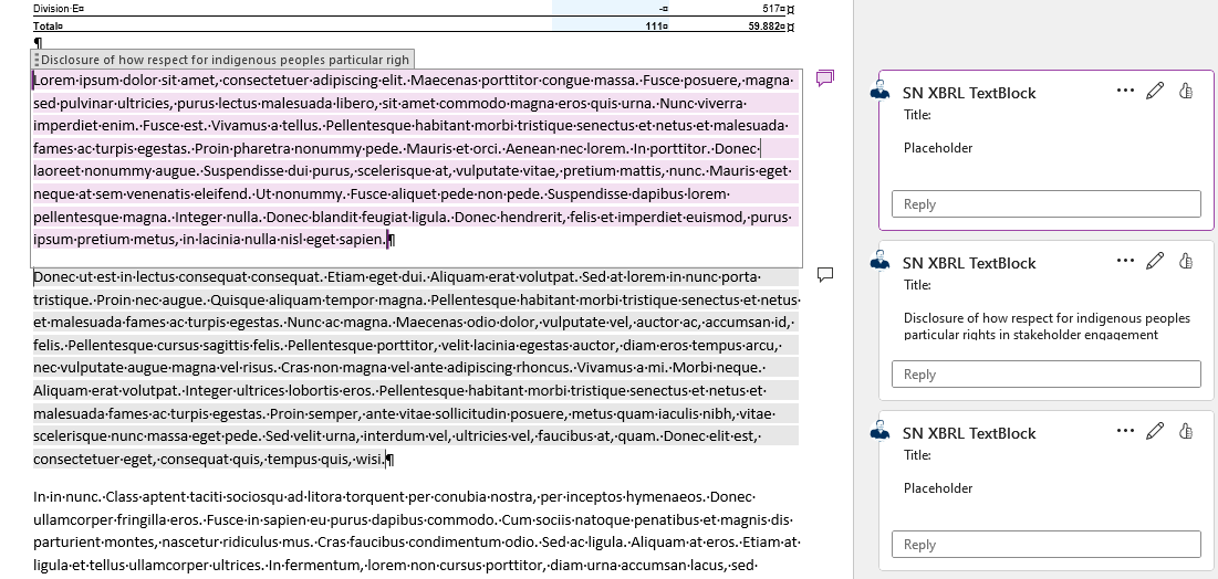 Word document with highlighted XBRL text blocks. To the right of the document, a Word comment field is displayed for each tag.