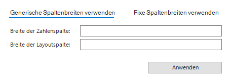 Der Screenshot zeigt den Bereich 'Spalten' aus dem Dialog 'Layout Actions'. Im Dialog wird der  Reiter 'Generische Spaltenbreiten verwenden' angezeigt.