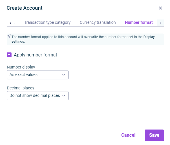 The 'Number format' tab in the 'Create Account' dialog is displayed.