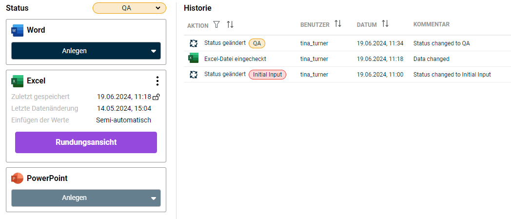 In der Liste 'Historie' sind mehre Änderungsvorgänge für die zugeordnete Word-Datei und die zugeordnete Excel-Datei aufgelistet. Die gesamte Historie ist rot umrandet.