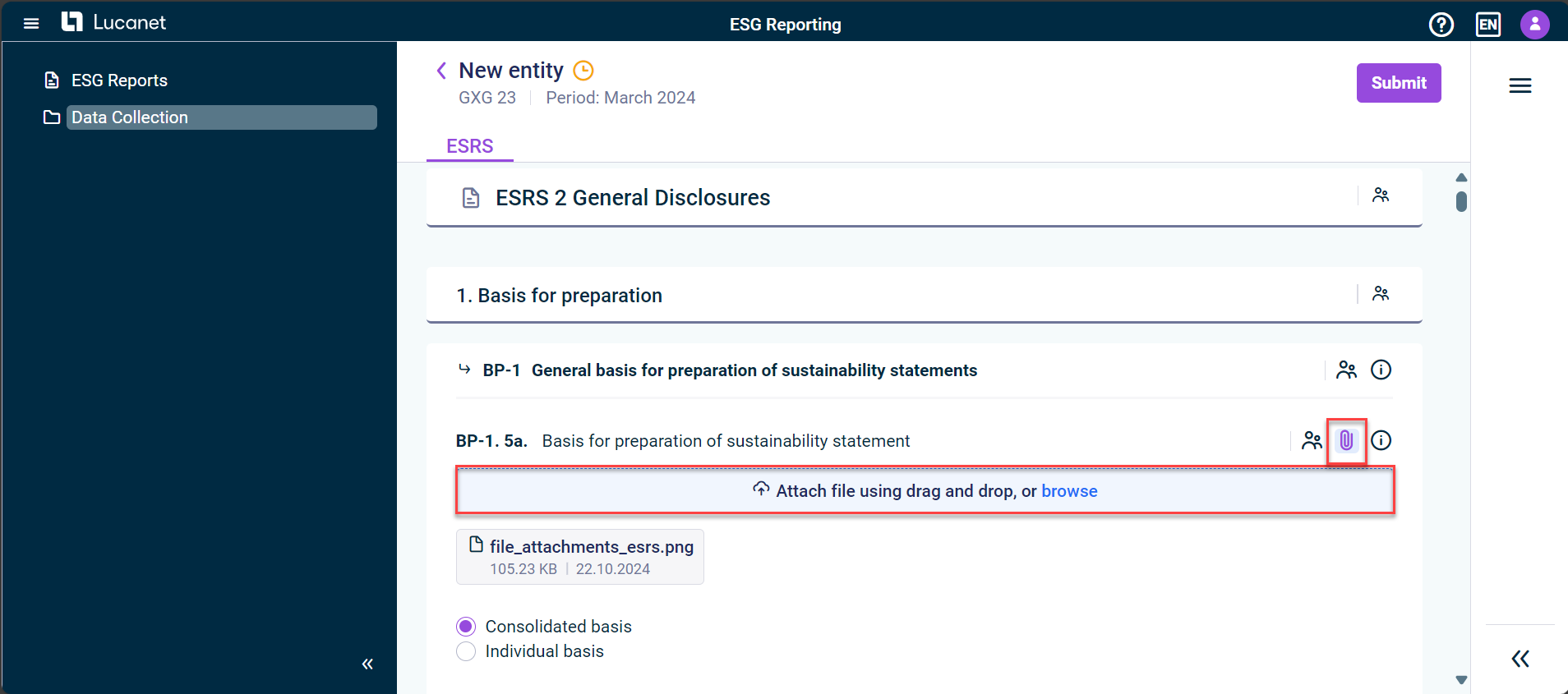 The ESRS tab is displayed. The file-attachment icon and the drag and drop and browser field are highlighted in red.