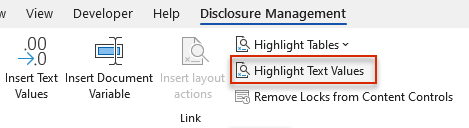 Displays the Word ribbon. The 'Highlight text values' button is outlined.