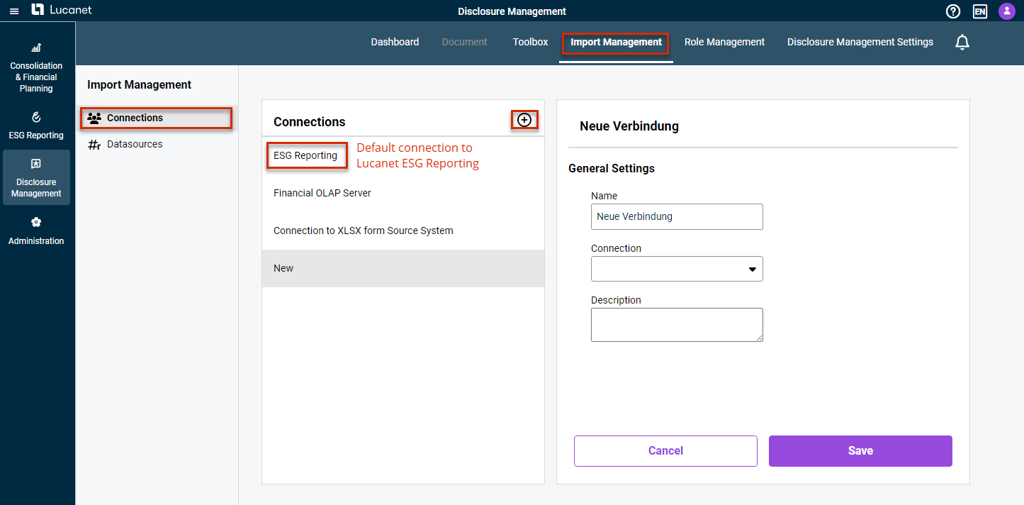 Displays the functional area Import Management and the workspace Connections. The button to create a new connection is highlighted in red.