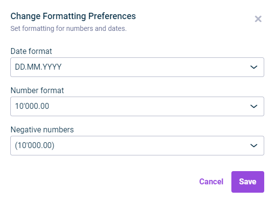 The 'Formatting' dialog is displayed. In this dialog formattings for numbers and data are defined.