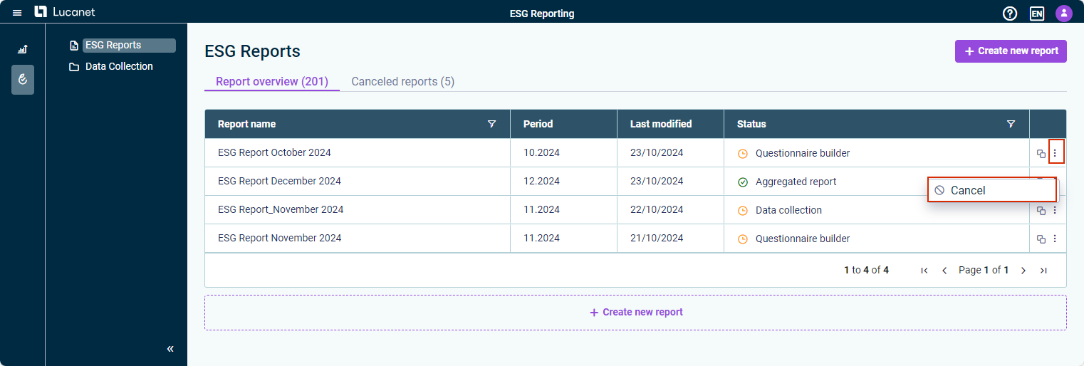 The functional area 'ESG Reports' is displayed. The context menu command 'Cancel' of an ESG report is highlighted in red.