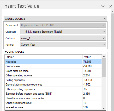 Displays the 'Insert text values' area in the 'Insert text alues' dialog. Four options are displayed to determine from which document, chapter, column and period the original value is to be selected. Below this is a table in which the available values are listed.