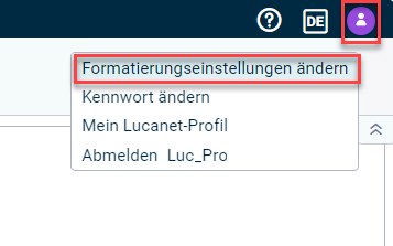 Das Profilmenü wird mit der Option 'Formatierungseinstellungen' angezeigt.