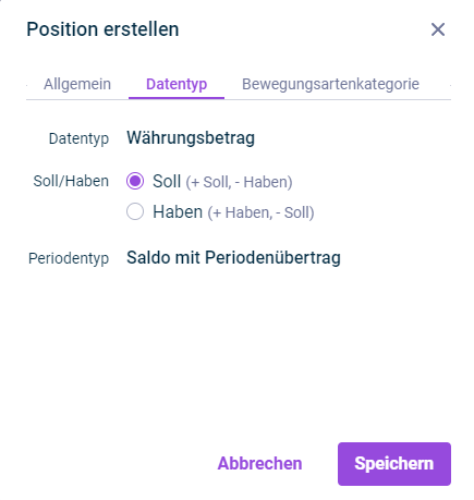 Der Reiter 'Datentyp' wird im Dialog 'Position erstellen' angezeigt.