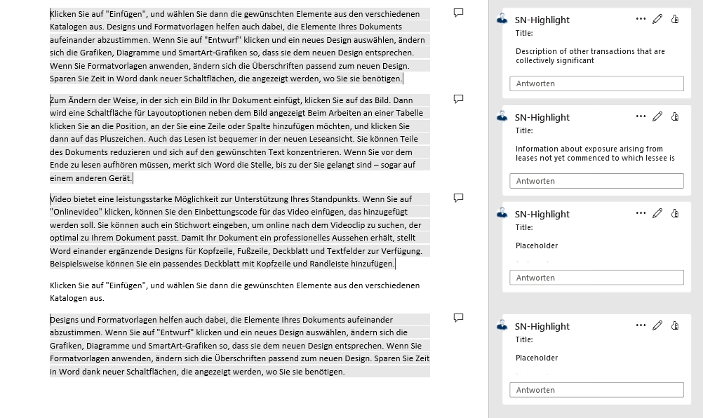 Word-Dokument mit markierten XBRL-Textbereichen. Rechts neben dem Dokument wird für jeden Tag ein Word-Kommentarfeld angezeigt.