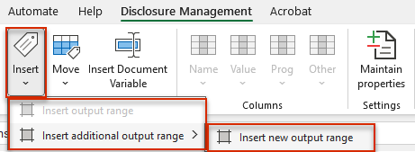 Displays the menu of the 'Insert' button. Displays the 'Insert Additional Outarea | Insert New Outarea' menu command. The 'Insert' button and the menu command are highlighted in a red border.