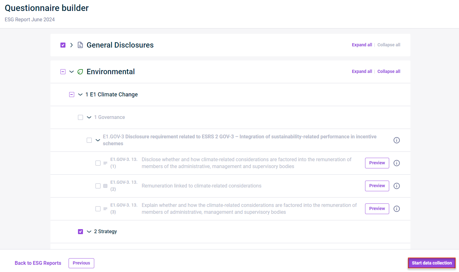 The structure of the ESRS questionnaire is displayed. The ‘Start data collection’ button is marked in red.