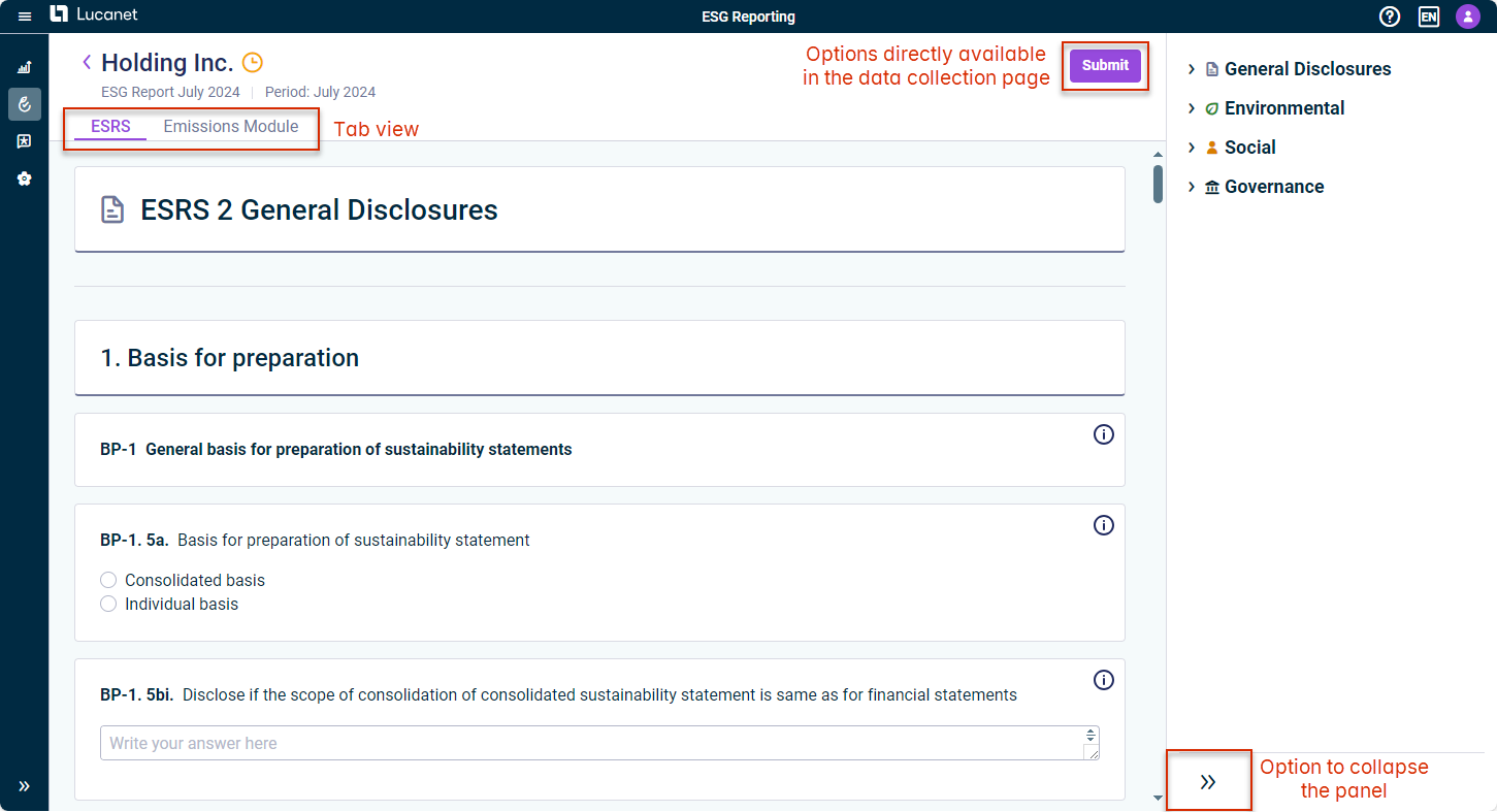 The data collection page of a reporting entity is displayed. The tab view and the options to submit the report and collapse the panel on the right-hand side are highlighted in red.