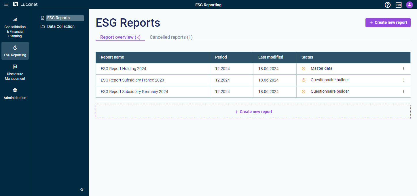 The user interface of ESG Reporting for ESG Master is displayed.