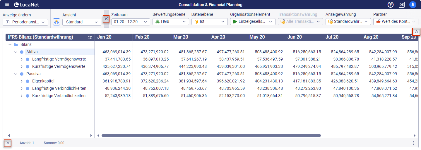 The general ledger is displayed. The options for showing and hiding the status bar and the dimension bar are highlighted in red.