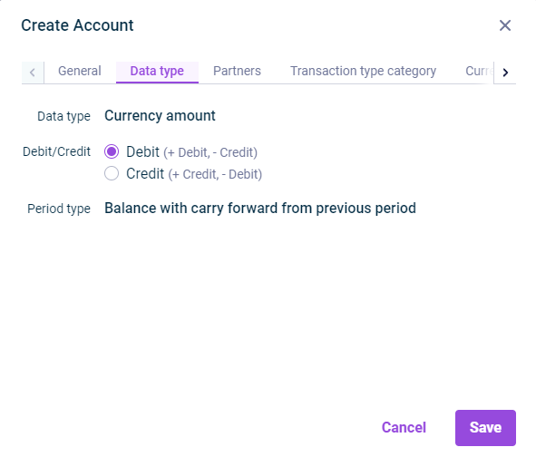 The 'Data type' tab in the 'Create Account' dialog is displayed.