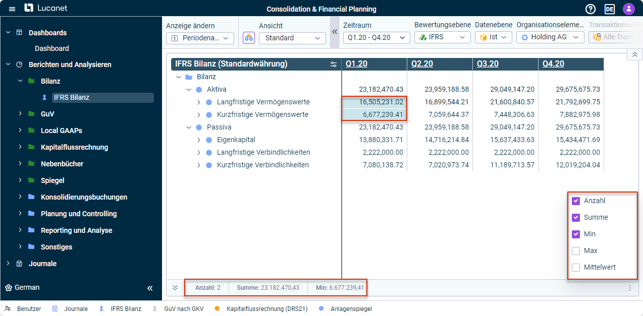 Der Screenshot zeigt ein Beispiel von Summenanzeige sowie weiterer Werte in der Bilanz. Zwei Werte in der Bilanz sind hervorgehoben. Im unteren Bereich der Ansicht werden die Anzahl der gewählten Werte, deren Summe, Minimal-, Maximal und Mittelwert.