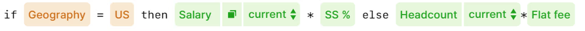 Shows the formula: if geography = US then current salary * SS% else current headcount * flat fee