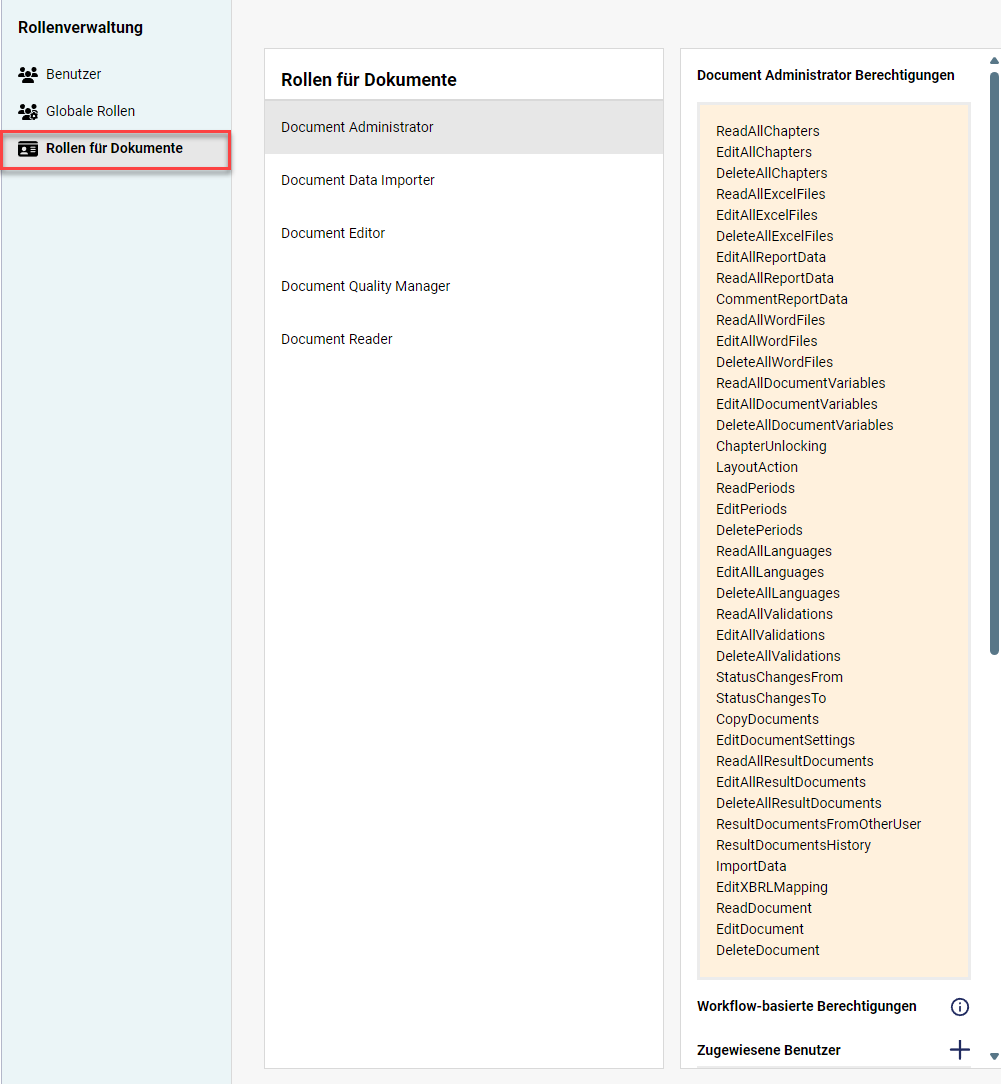 Zeigt den Arbeitsbereich Rollen für Dokumente