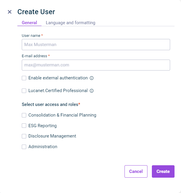 Displays the ‘Create User’ side panel with the ‘General’ tab open. The ‘Language and formatting’ tab is grayed out.