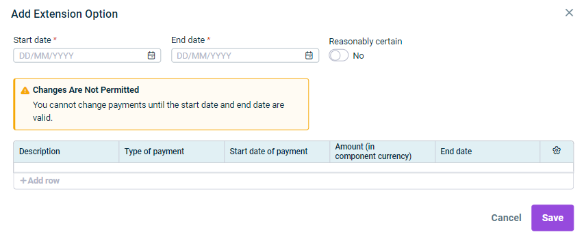 Displays the input fields for configuring an extension option for a lease component.