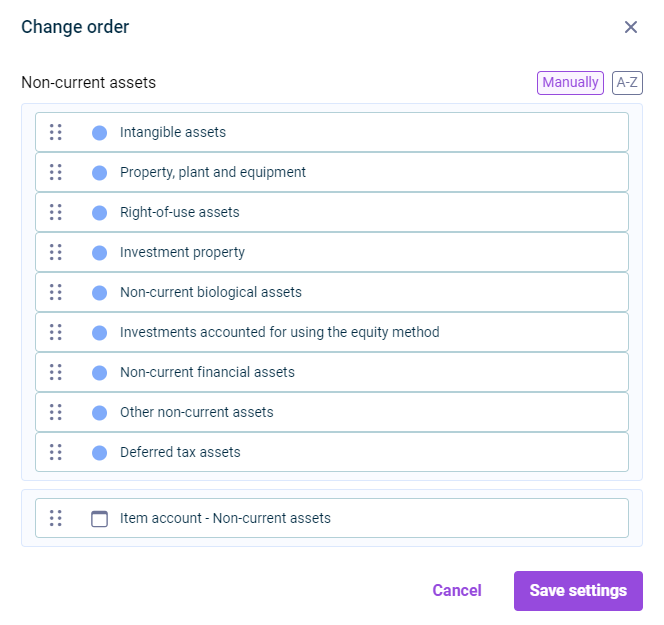 The "Change order" dialog is displayed. The dialog shows, for example, the subordinate items of "Non-current assets", the order of which can be changed.