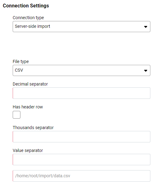 Displays the input fields for configuring the specific settings for a connection to a CSV file