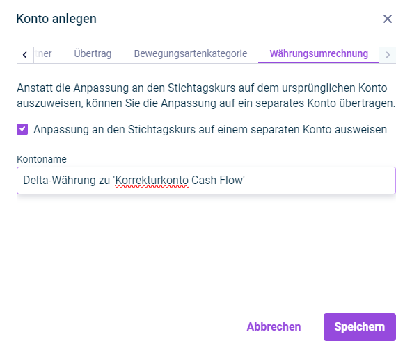 Der Reiter 'Währungsumrechnung' im Dialog 'Konto anlegen' wird angezeigt.