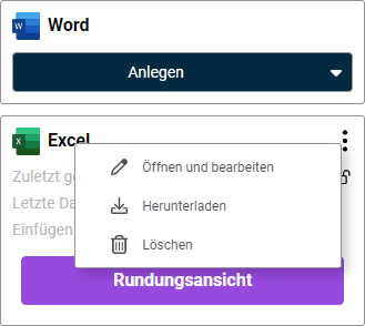 Ausschnitt aus der Detailansicht eines Kapitels. Das Drei-Punkte-Menü zu einer Word-Datei ist geöffnet und rot umrandet. Das Drei-Punkte-Symbol ist für die Word-Datei und für die darunterliegende Excel-Datei rot umrandet.