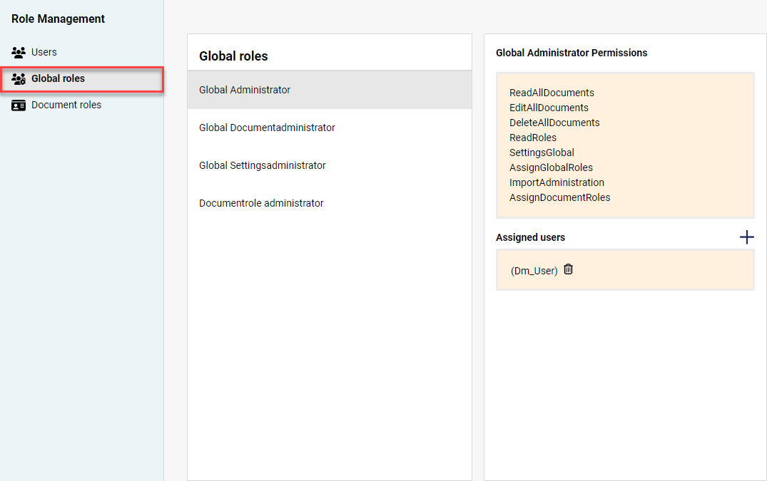 Displays the Global roles workspace