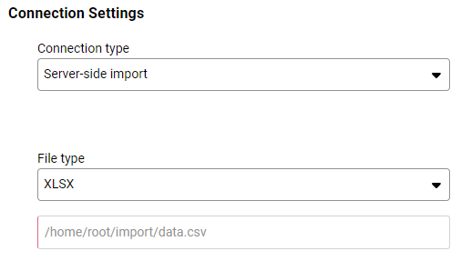 Displays the input fields for configuring the specific settings for a connection to a XLS file