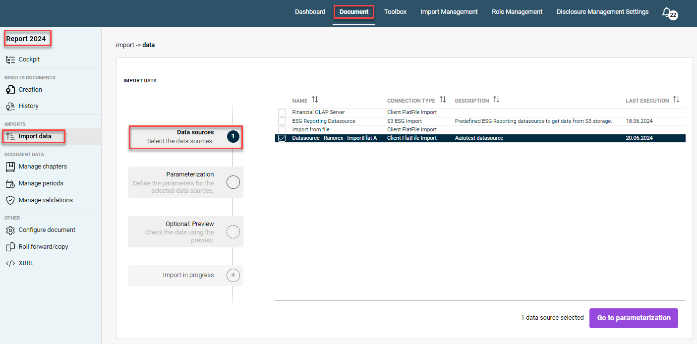 Displays the Data sources area in the Data import workspace for the Report 2024 document. Four created data sources are available in this area.