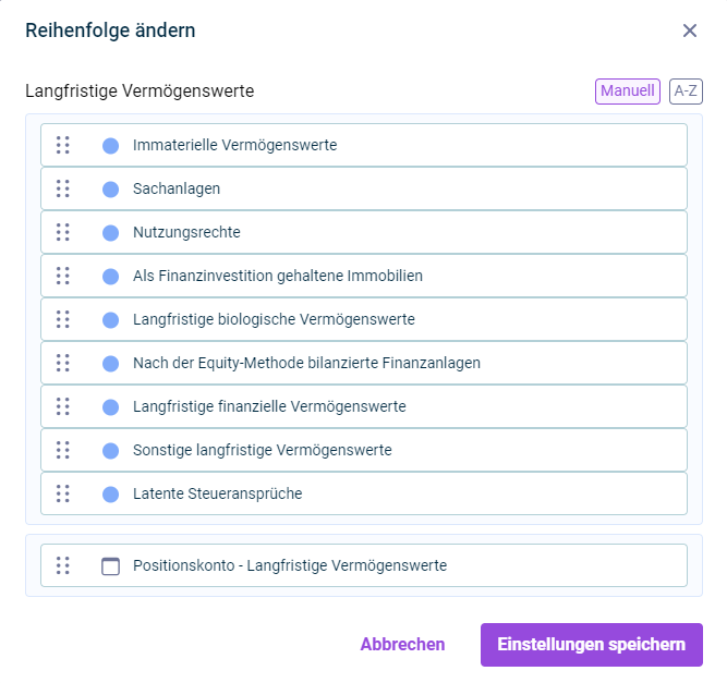 Der Dialog "Reihenfolge ändern" wird angezeigt. Im Dialog sind beispielweise die untergeordneten Positionen von "Langfristigen Vermögenswerte" angezeigt, deren Reihenfolge geändert werden kann.