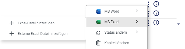 Der Screenshot zeigt das Kontextmenü 'Excel' mit den beiden Kontextmenübefehlen 'Excel-Datei öffnen' und 'Excel-Datei' löschen.