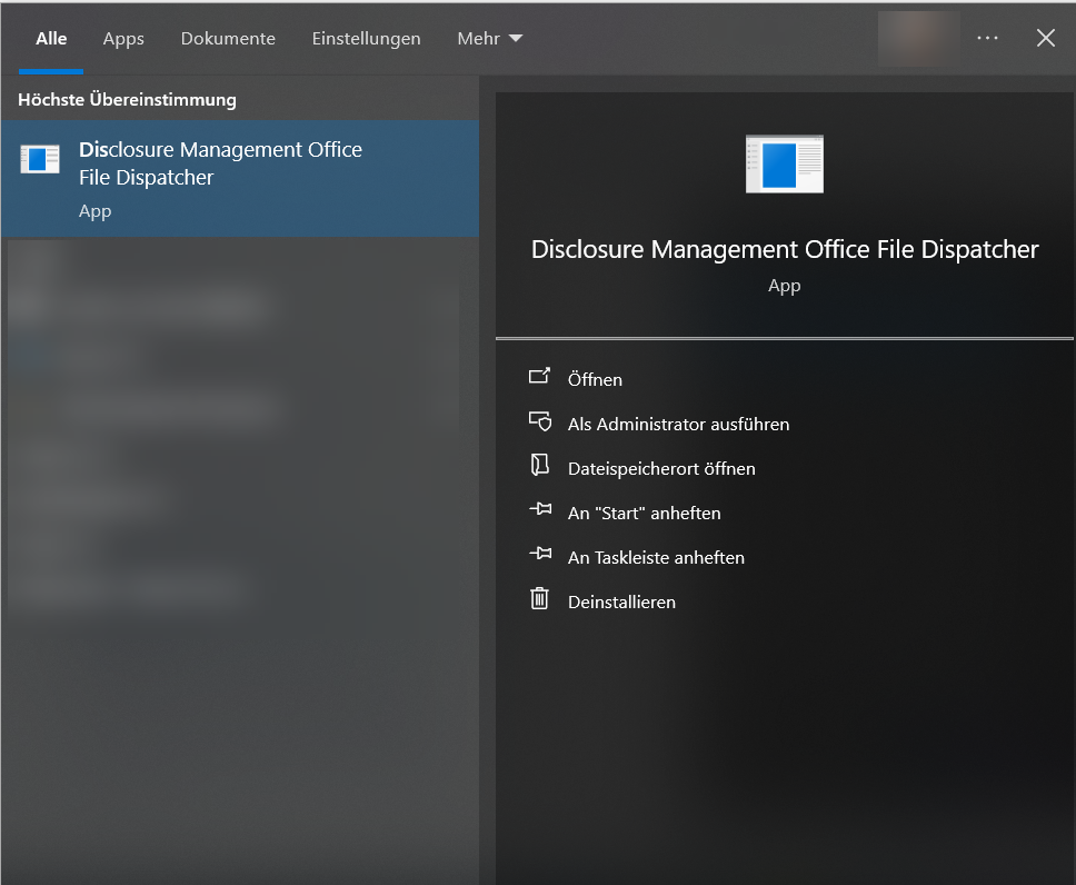 Der Disclosure Management Office File Dispatcher im Windows-Startmenü wird angezeigt.