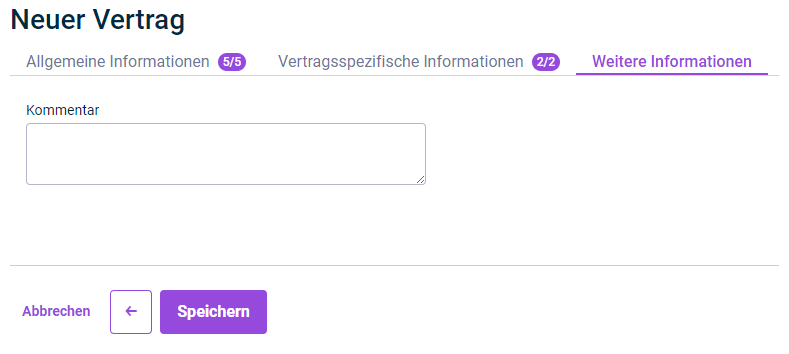 Gezeigt wird der Reiter 'Weitere Informationen', der für die Konfiguration eines Vertrags angezeigt wird.